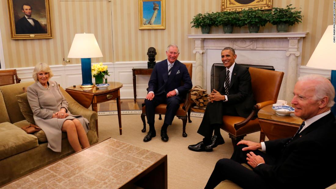 Camilla and Charles sit in the White House Oval Office with US President Barack Obama and Vice President Joe Biden during a trip to the United States in March 2015.