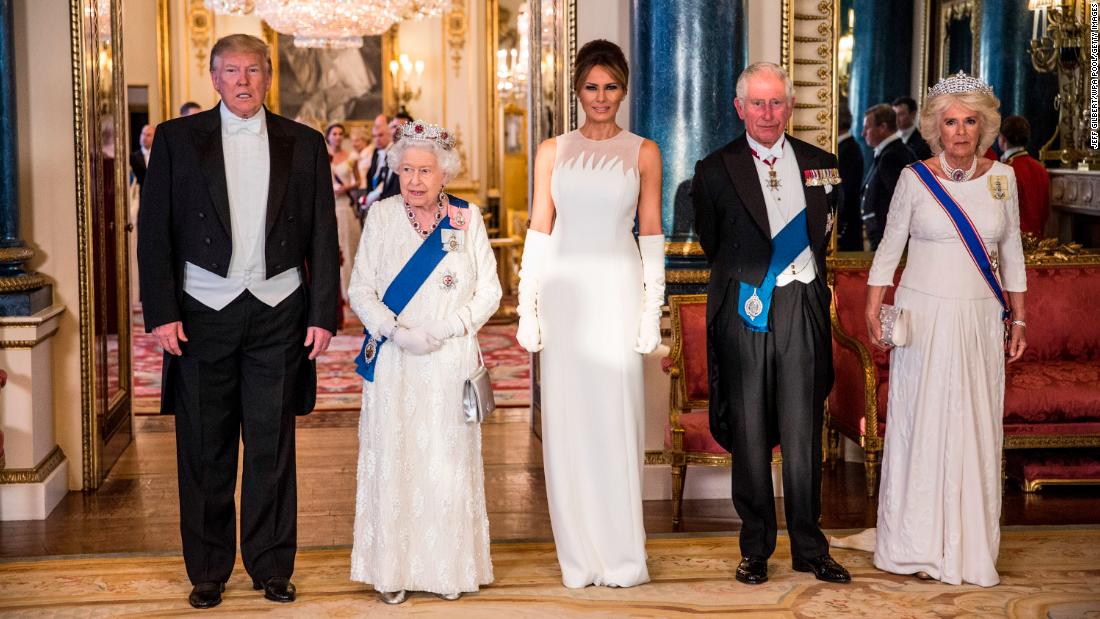 Camilla, Charles and Queen Elizabeth II welcome US President Donald Trump and first lady Melania Trump for a state banquet at Buckingham Palace in June 2019.
