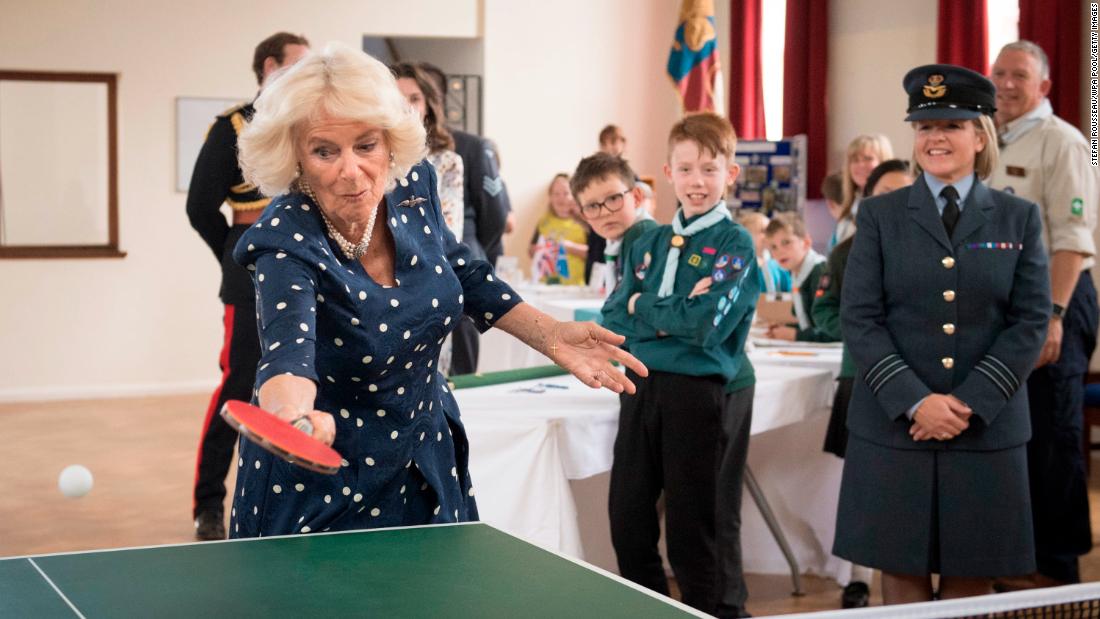 Camilla plays table tennis while visiting the Royal Air Force Halton in Aylesbury, England, in July 2019. It was part of the air station&#39;s centenary year celebrations.