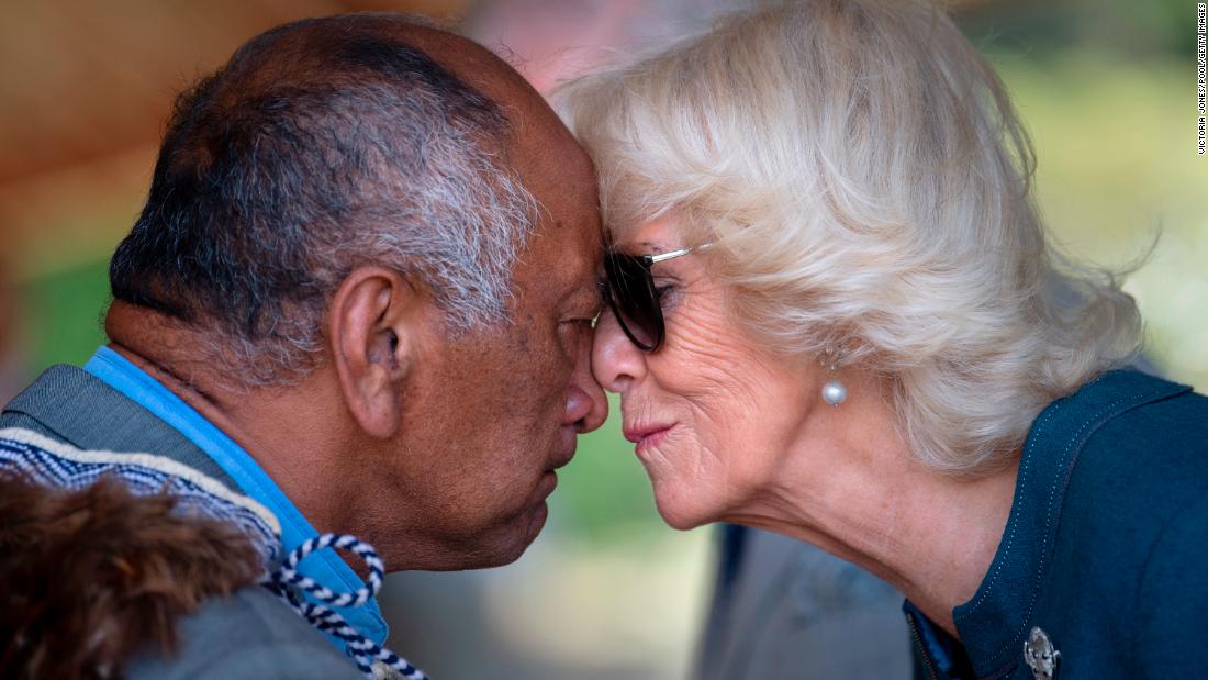 Camilla receives the Hongi, a traditional Maori welcome, while she and Prince Charles visited Waitangi, New Zealand, in November 2019.