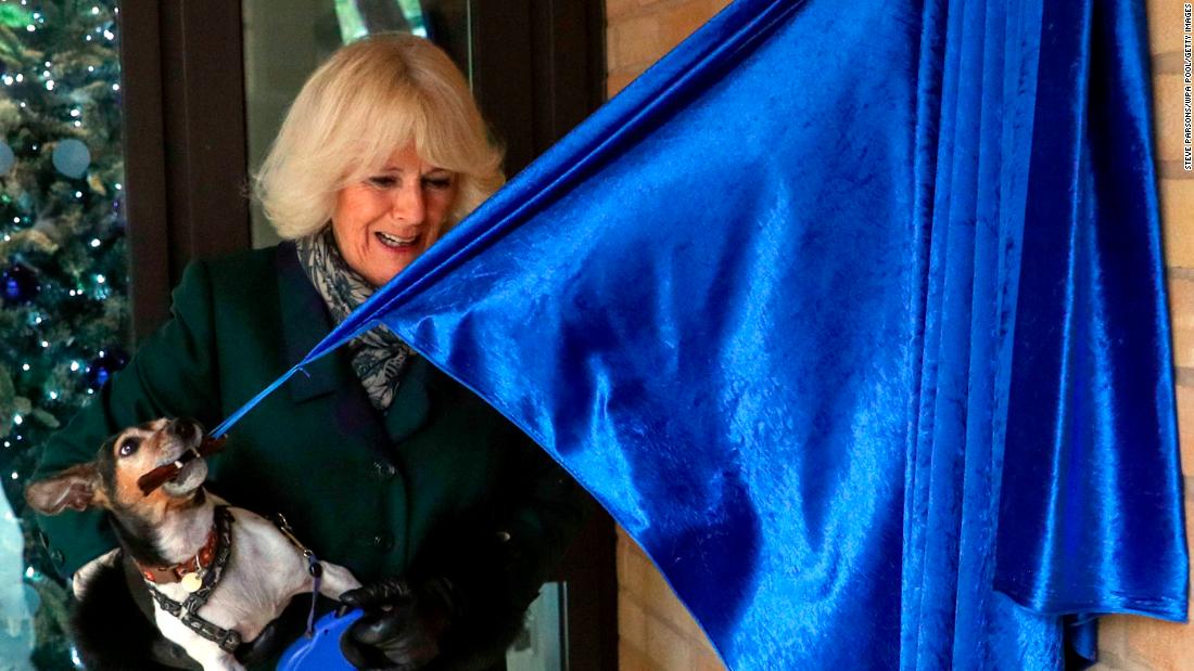 Camilla and Beth, one of her Jack Russell terriers, unveil a plaque as they visit the Battersea Dogs and Cats Home to open new kennels and thank the center&#39;s staff and supporters in December 2020.