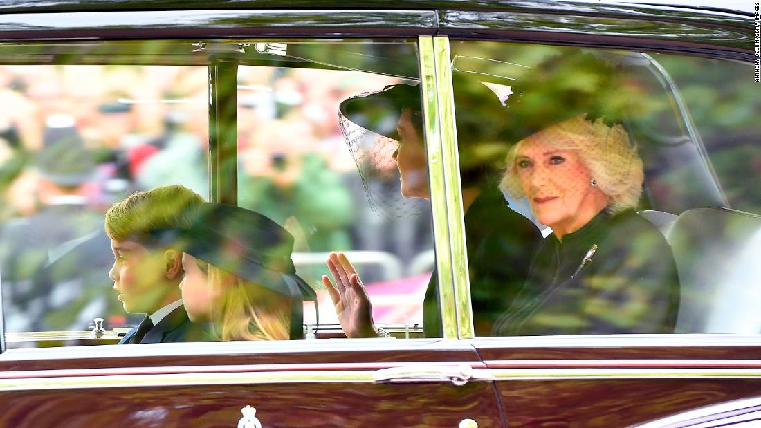 Camilla rides in a car with Catherine, Prince George and Princess Charlotte ahead of the Queen&#39;s state funeral in September 2022.