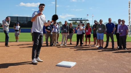Joe Martinez, Vice President of On-Field Strategy for Major League Baseball explains new rule changes to assembled media during the On-Field Rules Demonstration at TD Ballpark.