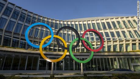 A view of the Olympic Rings in front of the International Olympic Committee (IOC)&#39;s headquarters in Lausanne, Switzerland, on March 28.