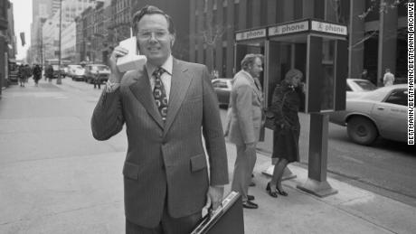 Motorola vice president John F. Mitchell shows how easily the company&#39;s newest product-Dyna T-A-C Portable Radio Telephone System can be used in New York, NY, on April 03, 1973. 
