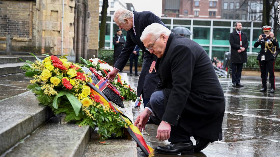 The King and Steinmeier lay wreaths at a Hamburg church memorial dedicated to the victims of allied bombings during World War II.