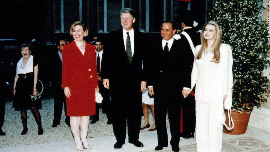 US President Bill Clinton and first lady Hillary Clinton meet Berlusconi and his wife, Veronica, during an official visit to Rome in June 1994.