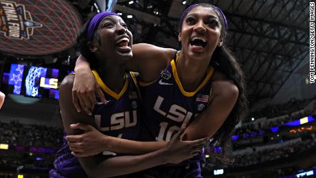 Angel Reese, right, and Flau&#39;jae Johnson of the LSU Lady Tigers celebrate after their 79-72 win over Virginia Tech on March 31 to advance to the national title game.