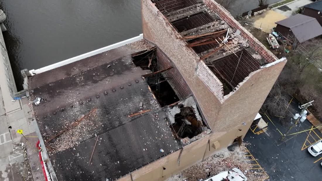 Aerial video shows historic building destroyed after severe weather