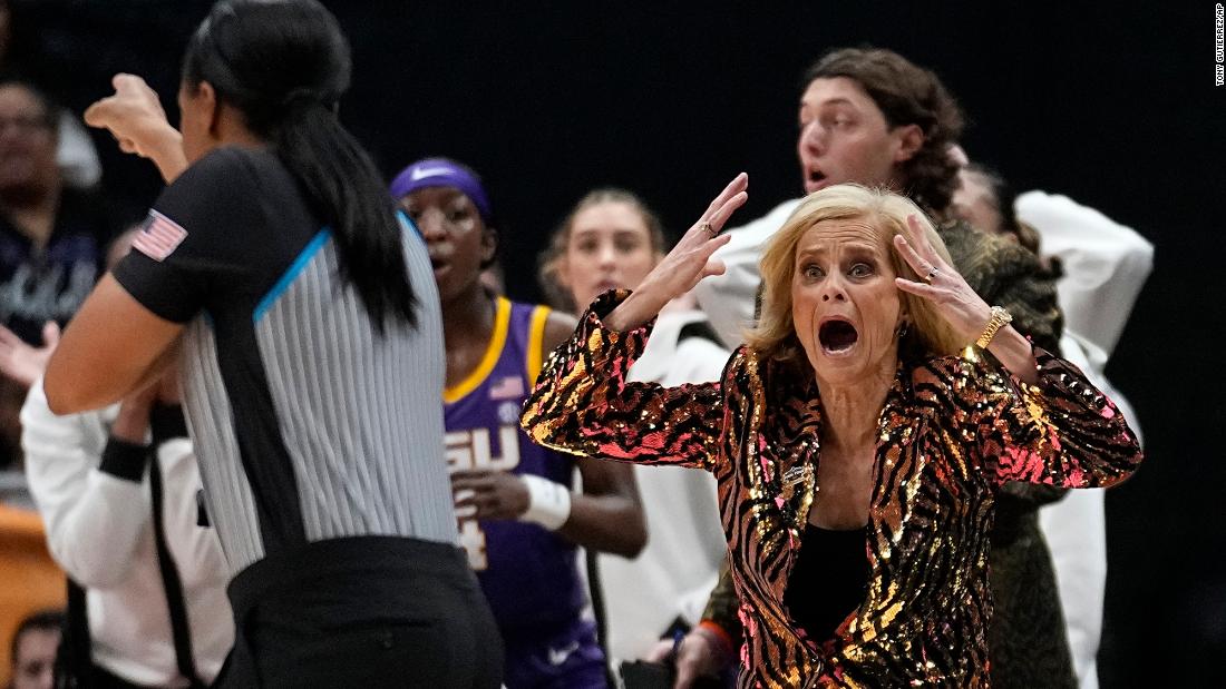 Mulkey reacts to a call during the first half.