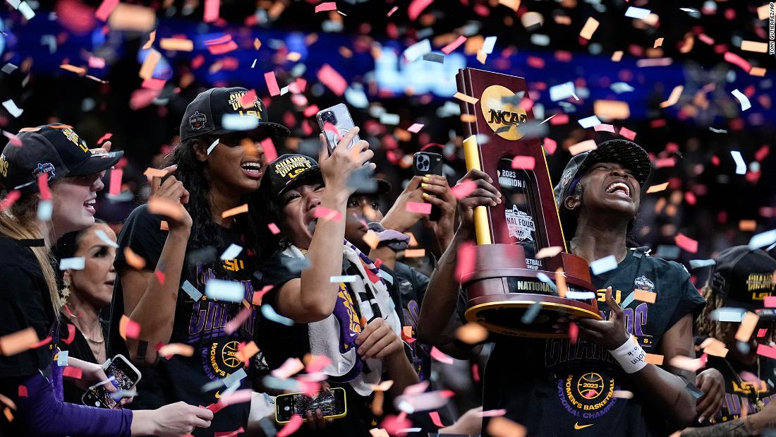LSU players celebrate after winning the national championship game on Sunday, April 2.