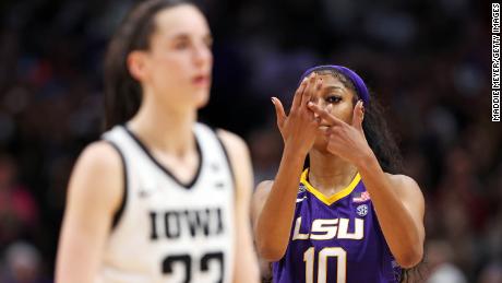 Angel Reese makes a gesture towards Caitlin Clark during the fourth quarter of the 2023 NCAA women&#39;s championship game.