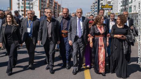 HDP Co-Chair Mithat Sancar, Kurdish politician Ahmet Türk, HDP Deputy Bedran Ozturk and the wife of imprisoned Kurdish politician Selahattin Demirtas, Baak Demirtas during a Nowruz celebration in Diyarbakir, Turkey, on March 21.