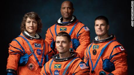 The Artemis II lunar flyby mission crew members include (from left): NASA astronauts Christina Koch, Victor Glover, Reid Wiseman (foreground) and Canadian Space Agency astronaut Jeremy Hansen.