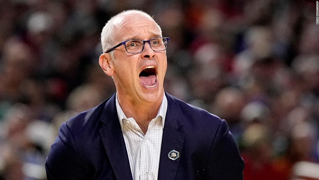 UConn head coach Dan Hurley yells during the first half.