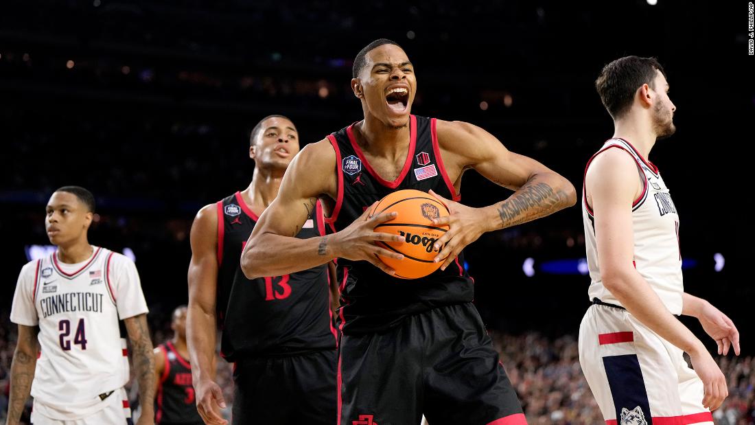 San Diego State&#39;s Keshad Johnson celebrates after scoring.