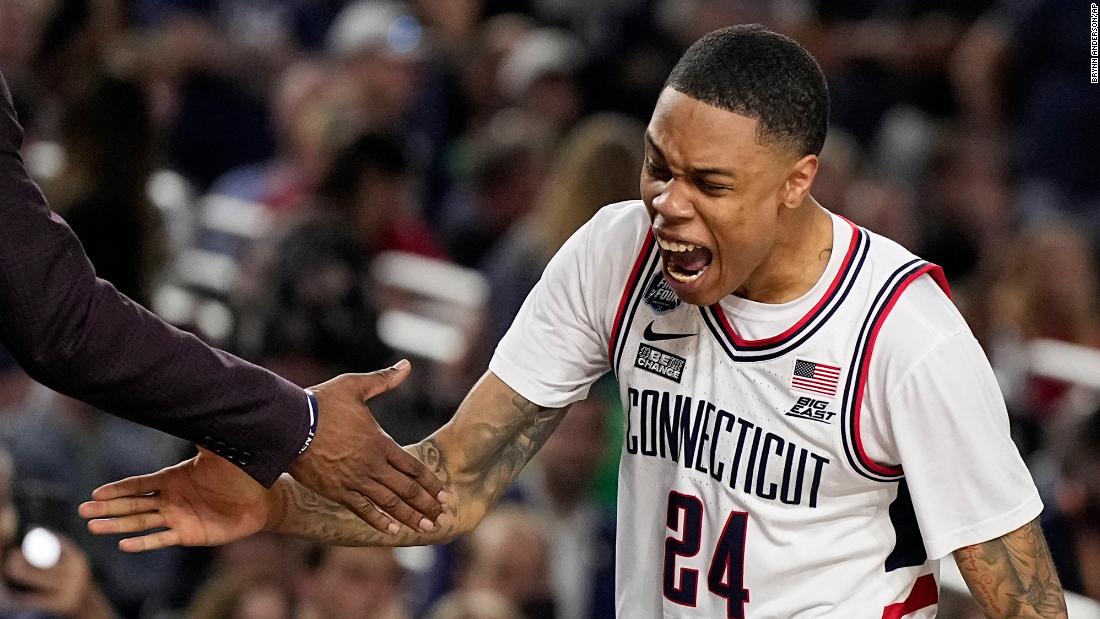 UConn guard Jordan Hawkins celebrates during the second half.