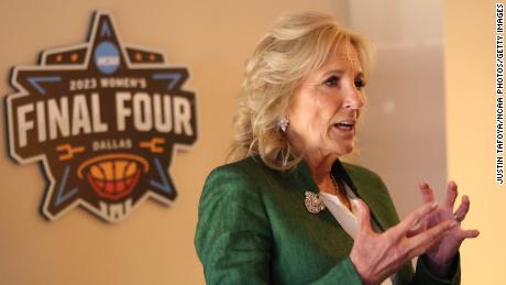 Jill Biden talks with guests during the 2023 NCAA women&#39;s basketball tournament national championship.