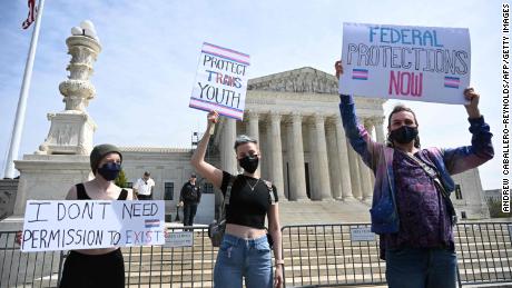Activists for transgender rights gather in front of the US Supreme Court in Washington, DC, in April. Photo by ANDREW CABALLERO-REYNOLDS/AFP via Getty Images