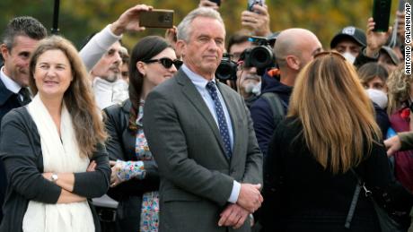 Robert F. Kennedy Jr. participates in a protest against the Covid-19 vaccination green pass in Milan, Italy, on November 13, 2021.