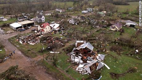 A view of damaged homes in the aftermath of a tornado, after a volatile storm system tore through the South and Midwest on Tuesday and Wednesday, in Glenallen, Missouri, U.S. April 5, 2023. 