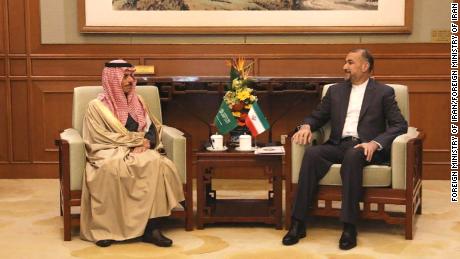 Foreign Ministers of Saudi Arabia and Iran meet in Beijing on April 6, 2023.