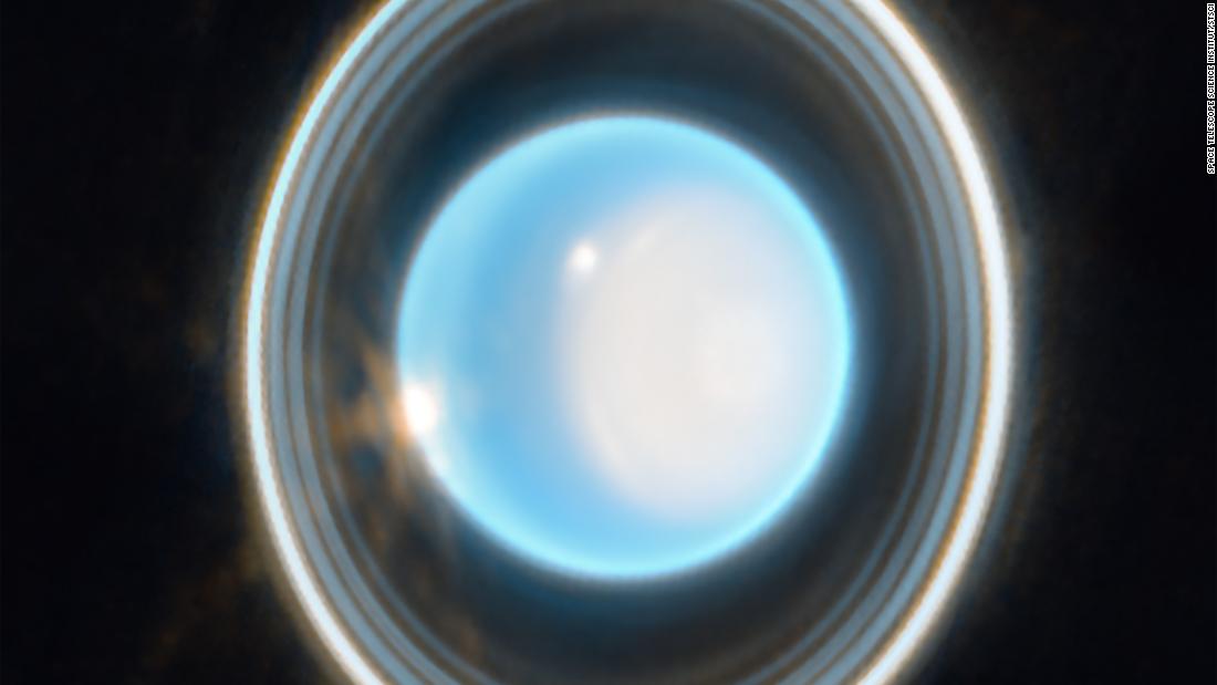 Webb&#39;s image of ice giant Uranus shows off the planet&#39;s incredible rings and a bright haze covering its north polar cap (right). A bright cloud lies at the cap&#39;s edge and a second one is seen at left.
