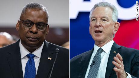 Left - Secretary of Defense Lloyd Austin on March 28th, 2023 in Washington, DC.

Right - Sen. Tommy Tuberville in Oxon Hill, Maryland, on March 2, 2023.