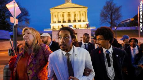 Rep. Justin Pearson, Rep. Justin Jones, and Rep. Gloria Johnson leave the Tennessee State Capitol after a vote at the Tennessee House of Representatives to expel three Democratic members for their roles in a gun control demonstration at the statehouse last week, in Nashville, Tennessee, U.S., April 6, 2023. REUTERS/Cheney Orr