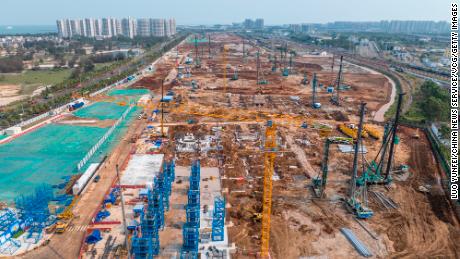 The construction site of Hainan&#39;s free trade port in the provincial capital of Haikou, photographed in April 2023