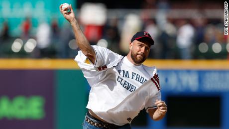 Kansas City Chiefs tight end Travis Kelce throws out the ceremonial first pitch.
