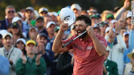 Jon Rahm of Spain celebrates on the 18th green after winning the 2023 Masters Tournament at Augusta National Golf Club.