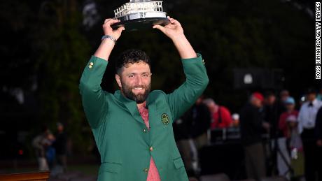 Jon Rahm of Spain poses with the Masters trophy during the Green Jacket Ceremony after winning the 2023 Masters Tournament at Augusta National Golf Club on April 09, 2023 in Augusta, Georgia. 