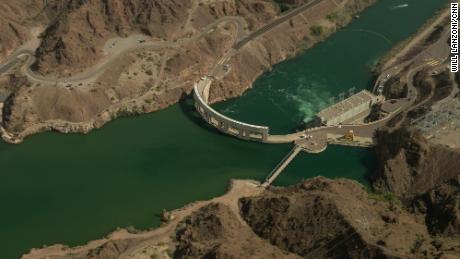The Parker Dam on the border of California and Arizona dams Colorado River water, creating the Lake Havasu resevoir.