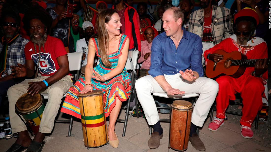 William and Catherine play drums while visiting the Trench Town Culture Yard Museum in Kingston, Jamaica, in March 2022. They were on a royal tour of the Caribbean.