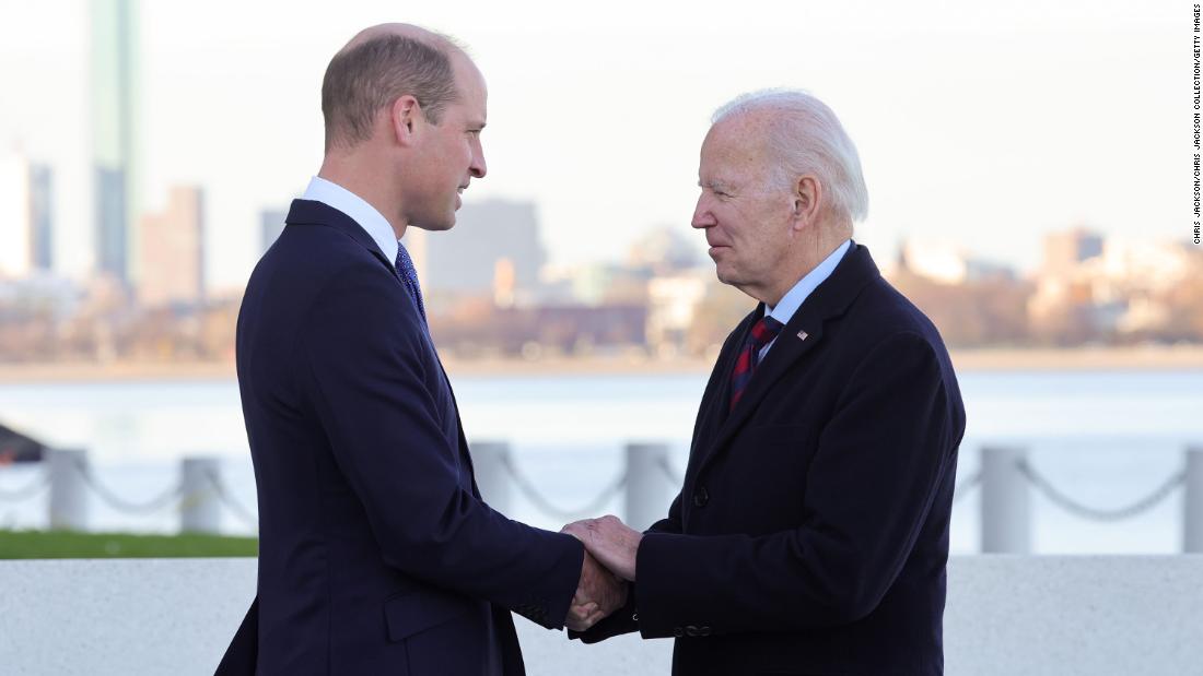 Prince William shakes hands with US President Joe Biden during a &lt;a href=&quot;https://www.cnn.com/2022/12/01/world/gallery/royals-boston-visit-william-kate/index.html&quot; target=&quot;_blank&quot;&gt;visit to Boston&lt;/a&gt; in December 2022. The two men shared &quot;warm memories&quot; of the Queen, according to Kensington Palace. William and Catherine were in Boston to attend the Earthshot Prize Awards that William founded two years prior.
