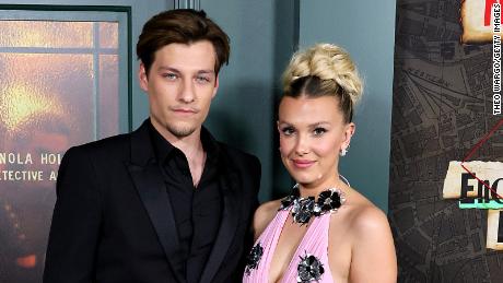 Jake Bongiovi and Millie Bobby Brown, pictured at the &quot;Enola Holmes 2&quot; world premiere in New York last year, have hinted that they&#39;re engaged.