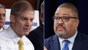 Left: Rep. Jim Jordan speaks during a news conference at the Capitol on November 17, 2022 in Washington, DC. Right: Manhattan District Attorney Alvin Bragg speaks during a press conference following the arraignment of former President Donald Trump April 4, 2023 in New York City. 