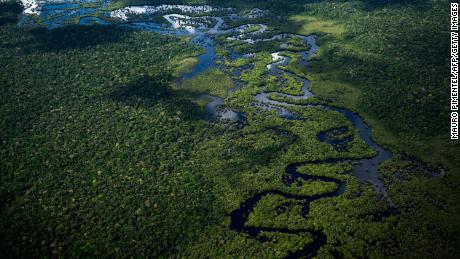 Aerial view of the Amazon rainforest taken from a plane flying from the city of Manicore to Manaus, Amazonas State, Brazil, on June 10, 2022.