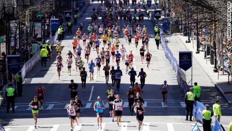 Runners approach the finish line of last year&#39;s Boston Marathon.