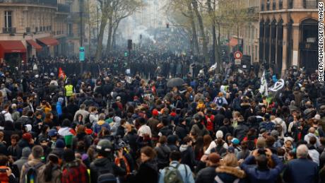 People demonstrate on the streets for the 12th day of nationwide strikes amid protests against pension reform on April 13, 2023 in Paris, France. 