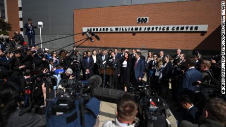 Justin Nelson, joined by fellow members of the Dominion Voting Systems legal team, speaks to members of the media outside the Leonard Williams Justice Center in Wilmington, Delaware, on April 18, 2023. - Vote machine maker Dominion and Fox News settled a defamation case over falsehoods about the 2020 presidential election aired on the conservative TV network, a US judge announced Tuesday. 