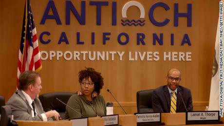 Antioch Mayor Lamar Thorpe and others attend a special city council meeting at City Hall on Tuesday.