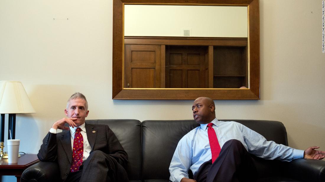 Scott and fellow Rep. Trey Gowdy sit in Scott&#39;s office on Capitol Hill in December 2012. A few days later, South Carolina Gov. Nikki Haley announced that she would be appointing Scott to replace retiring US Sen. Jim DeMint.
