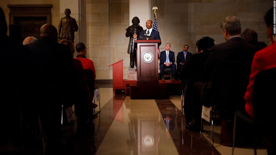 Scott speaks at a Capitol Hill event honoring the bicentennial of Frederick Douglass&#39; birth in February 2018. Douglass, born into slavery, became an abolitionist and one of the leading social reformers of his time.