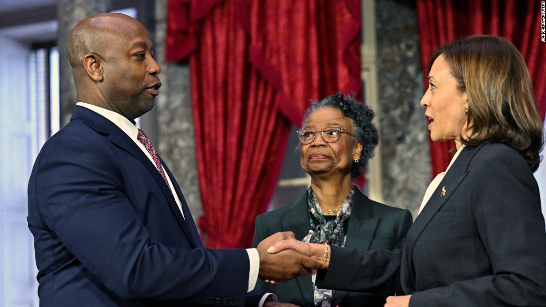 Scott is ceremonially sworn into office by Vice President Kamala Harris in January 2023. Scott&#39;s mother, Frances, is holding the Bible. When Scott announced an exploratory committee in April 2023, he emphasized his evangelical faith, his race and his experience growing up as the son of a single mother.