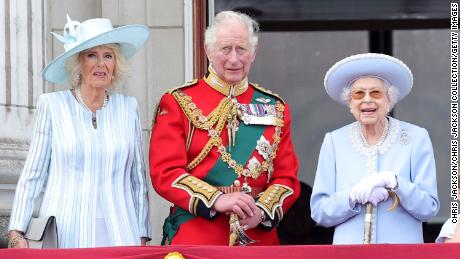 Camilla stands alongside Prince Charles and Queen Elizabeth II on the balcony of Buckingham Palace, during the Trooping the Colour ceremony, as part of the Queen&#39;s Platinum Jubilee celebrations on June 2, 2022.