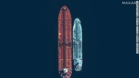 A satellite image taken on March 20, 2023 shows two tankers conducting a ship-to-ship transfer of Russian fuel oil near the Bay of Lakonikos, according to Kpler. Transactions like these have surged in recent months, per data from S&amp;P Global.