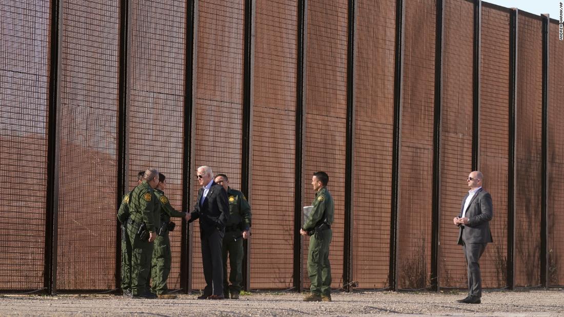 Biden greets Border Patrol agents near the Mexican border in El Paso, Texas, in January 2023. He was making his first visit to the southern border as president.