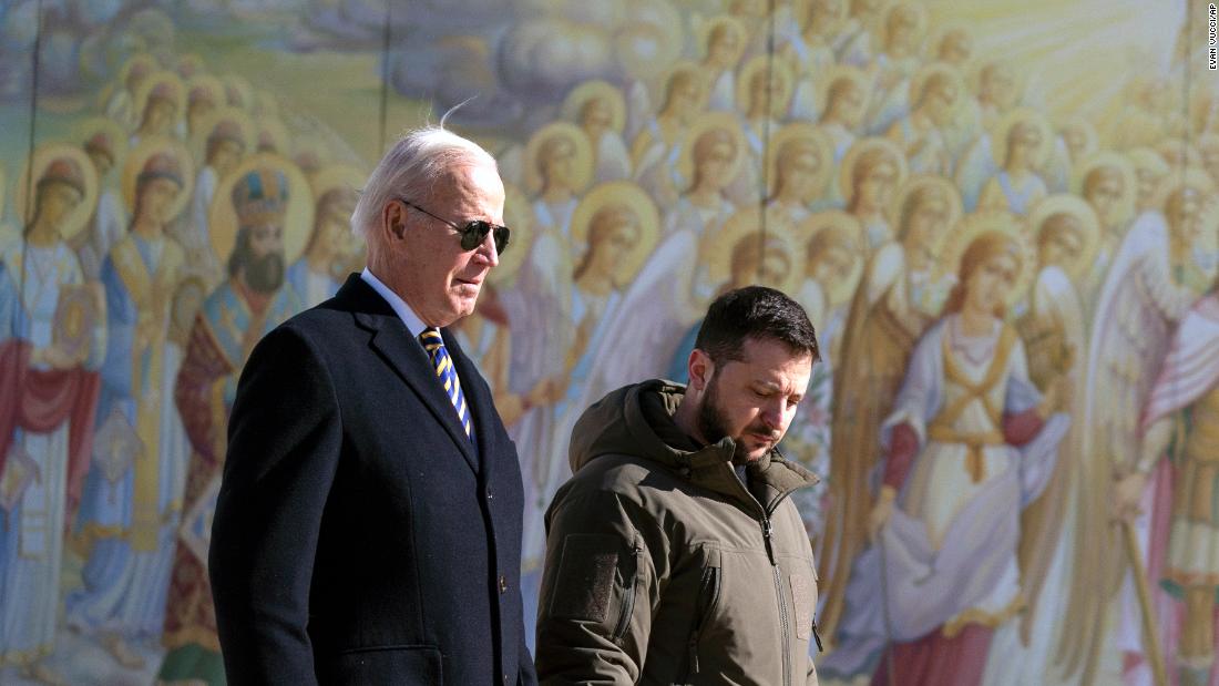 Biden walks with Ukrainian President Volodymyr Zelensky during a &lt;a href=&quot;http://www.cnn.com/2023/02/20/world/gallery/biden-visit-ukraine-poland/index.html&quot; target=&quot;_blank&quot;&gt;surprise visit to Kyiv, Ukraine&lt;/a&gt;, in February 2023.